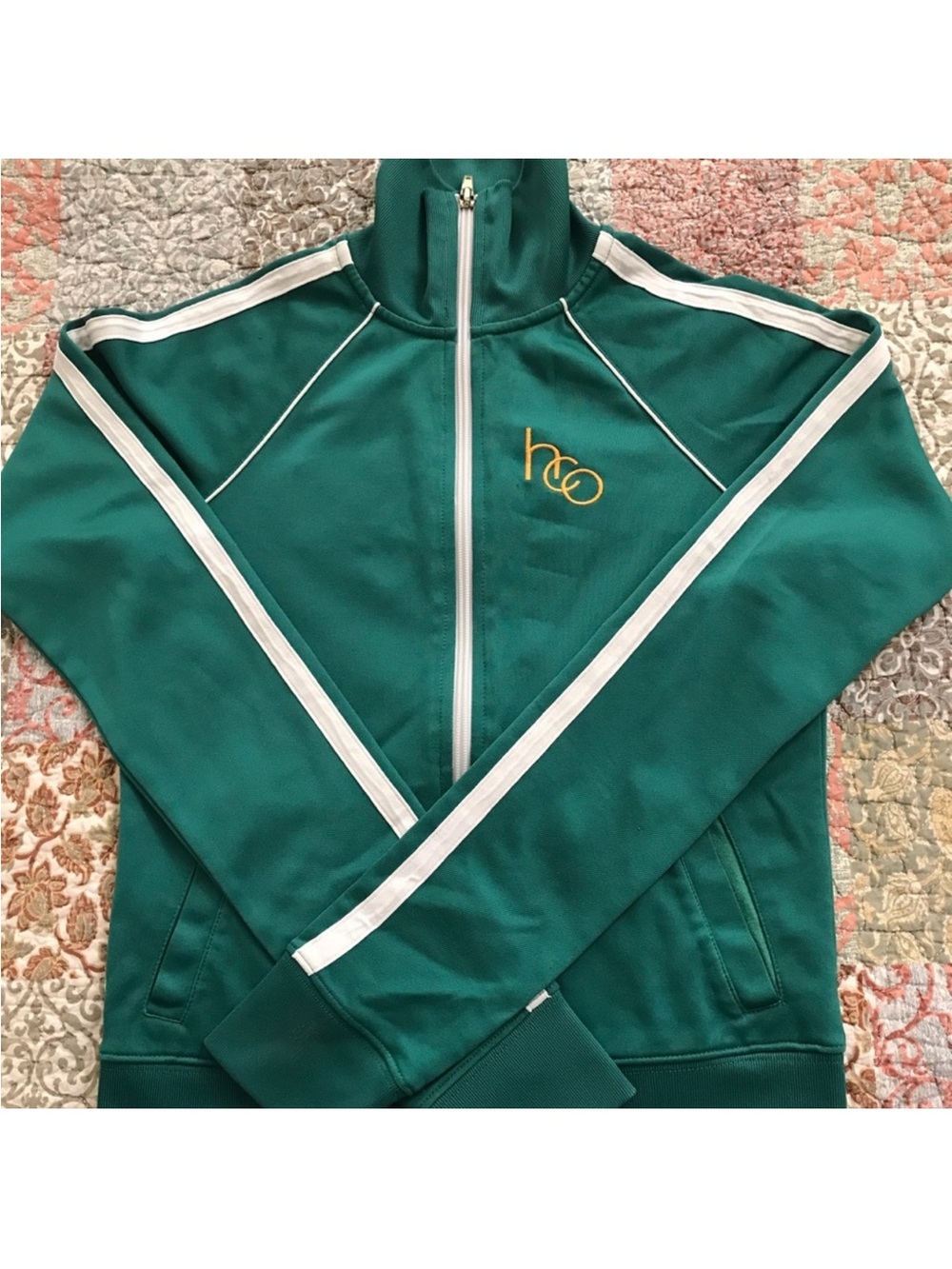 Hollister Teal Track Jacket with White Stripes and Gold Logo